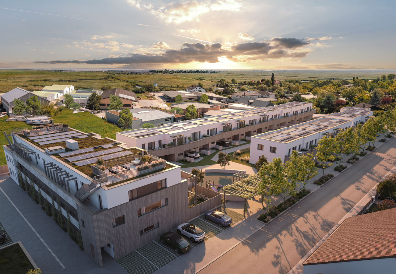Wohnbauprojekt „The Lagoon“ in Rust – Visualisierung der geplanten Anlage. Copyright © Agentur JamJam Visualisierung des Wohnbauprojekts „The Lagoon“ in Rust am Neusiedler See mit modernen Wohnungen und Reihenhäusern. Copyright © Agentur JamJam